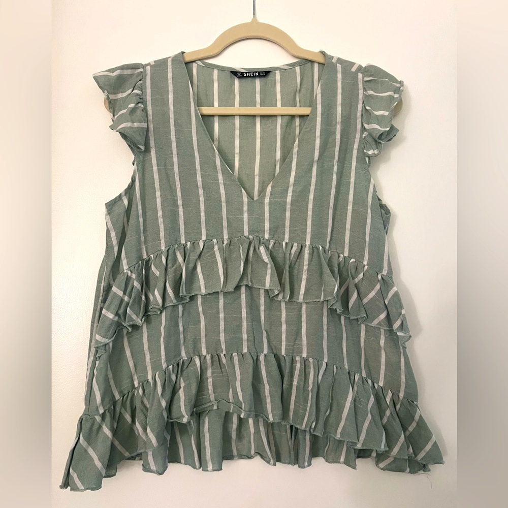 Shein Green Striped Ruffle Top